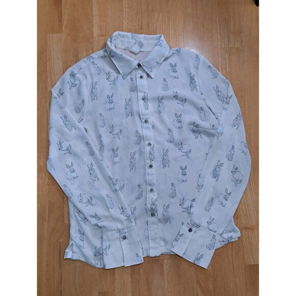 H&M Bunny Rabbit All Over Print Button Up Ivory Shirt Women's Size 4 - Picture 1 of 15